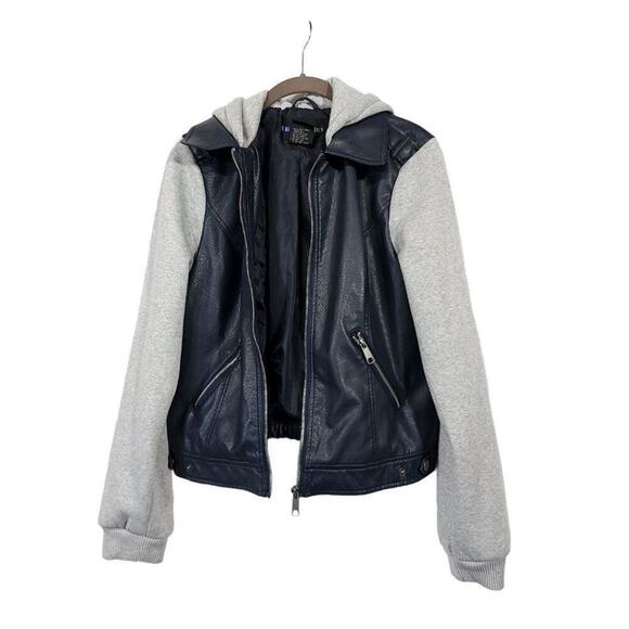 Ib Diffusion Faux Leather Jacket Juniors Size Medium Navy Knit - Picture 3 of 10